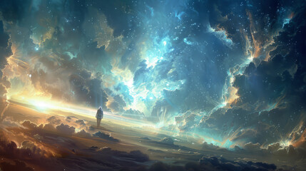 Solitary figure amidst cosmic clouds and celestial lights