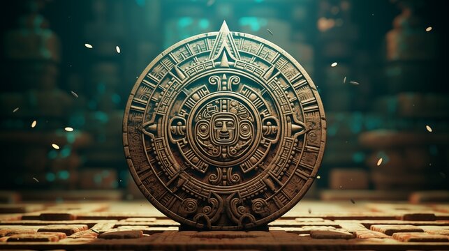 Close view of the ancient Aztec mayan calendar with round pattern and relief on stone surface.
