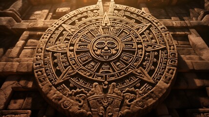 Close view of the ancient Aztec mayan calendar with round pattern and relief on stone surface. - Powered by Adobe