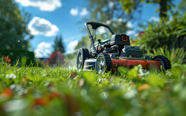 Modern lawnmower in sunny backyard