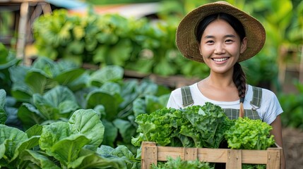 A woman is smiling and holding a basket of vegetables