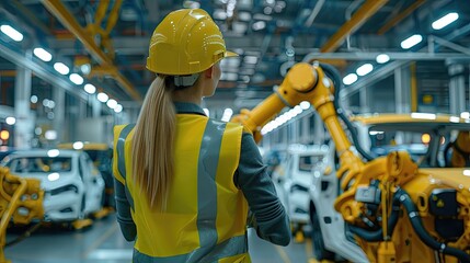 A woman in a yellow vest stands in front of a yellow robot