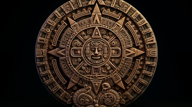 Close view of the ancient Aztec mayan calendar with round pattern and relief on stone surface.