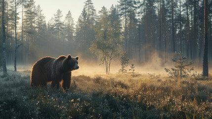 Portrait of a bear standing in the middle of a foggy forest under the sunlight in the morning - Powered by Adobe