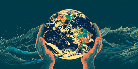 hands holding a planet Earth with ocean texture, clean lines, World Oceans Day