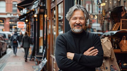 Fototapeta premium A man with a beard and gray hair is smiling in front of a store
