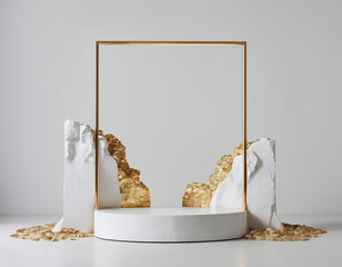 A white and gold sculpture sits on a white surface. gold squre and a white cylinder inside of it. sculpture sits on a white base podium with a gold platform. The background is a white wall.