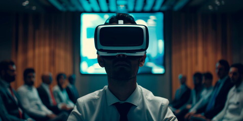 Businessman wearing VR goggles, interacting with a 3D virtual conference room, with avatars of colleagues.