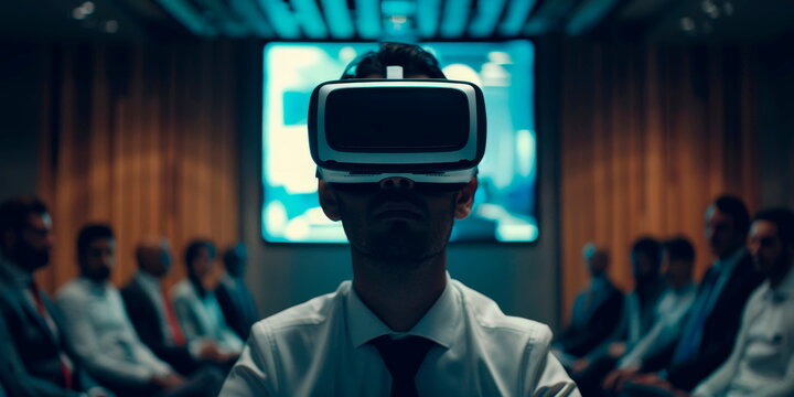 Businessman wearing VR goggles, interacting with a 3D virtual conference room, with avatars of colleagues. - Powered by Adobe
