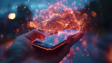 Cloud storage access on smartphone, soft backlight, close-up, digital convenience 