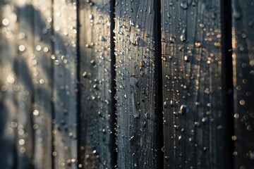 A wooden fence covered in water droplets due to dampness, surrounded by dancing shadows of trees.

