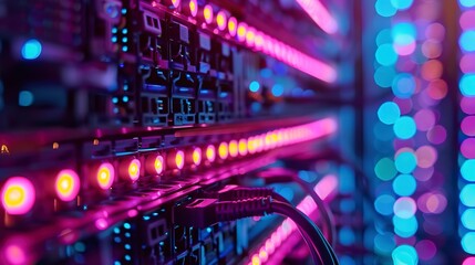 Fototapeta premium High-speed network cables in data center, neon light traces, low angle, connectivity core