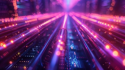 Fototapeta premium High-speed network cables in data center, neon light traces, low angle, connectivity core 