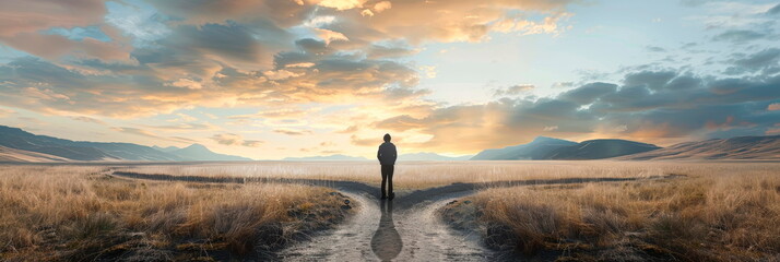 Fork in the Road: A person standing at a fork in the road, symbolizing a choice between two paths.