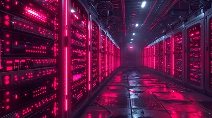 Crypto mining farm, rows of servers, dim red light, wide angle, energy consumption 