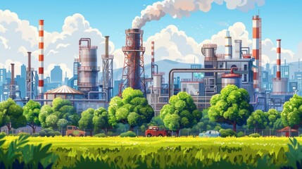 Obraz premium Industrial landscape with factory and green trees. world environment day 
