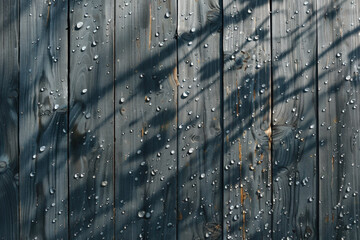 A wooden fence covered in water droplets due to dampness, surrounded by dancing shadows of trees.

