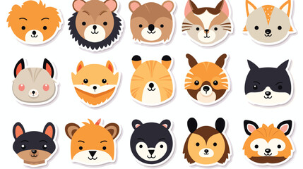 Stickers of cute wild animals faces cat deer kangaroo