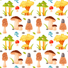 Seamless vector pattern with colorful mushrooms