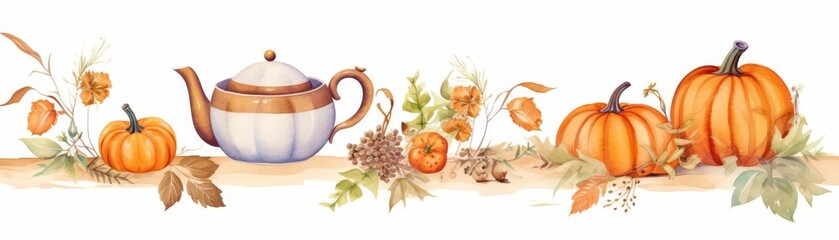 Fototapeta premium A beautiful watercolor painting of a teapot and pumpkins. The perfect addition to any fall-themed home.