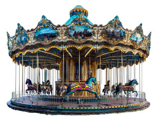 Illuminated vintage carousel with horses at night, cut out - stock png.