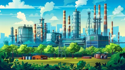 Industrial landscape with factory and green trees. world environment day 