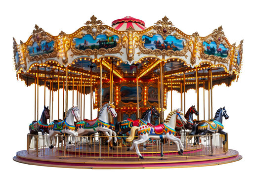 Illuminated vintage carousel with horses at night, cut out - stock png.