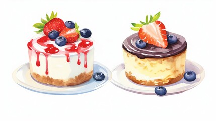 Two watercolor cakes with strawberry and blueberry topping on white plates.