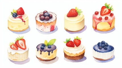 A variety of watercolor cakes. The cakes are decorated with strawberries, blueberries, and raspberries.