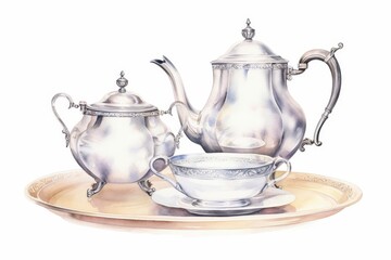 A silver teapot, sugar bowl, and teacup with a silver tray