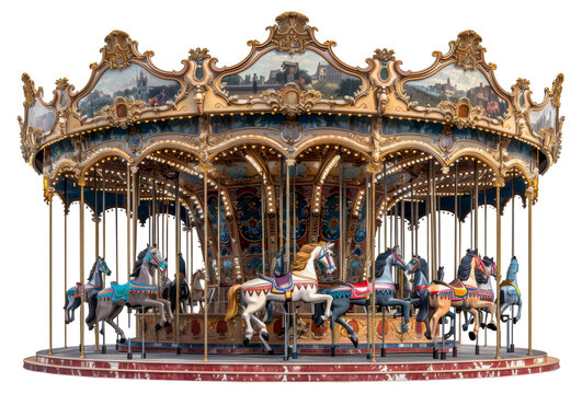 Illuminated vintage carousel with horses at night, cut out - stock png.