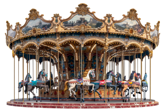 Illuminated vintage carousel with horses at night, cut out - stock png.