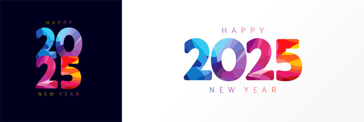 Colorful 2025 facet numbers Happy New Year, logo design concept. Stained glass New Year 2025 business template for calendar covers, banners or greeting cards. Vector illustration