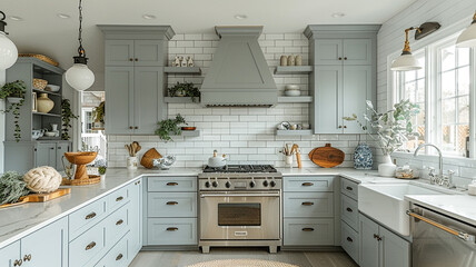 A coastal-inspired kitchen with light blue cabinets, white subway tile, and nautical decor accents.