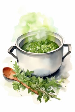 A watercolor of Herbs for soups with a steaming pot of soup on white background