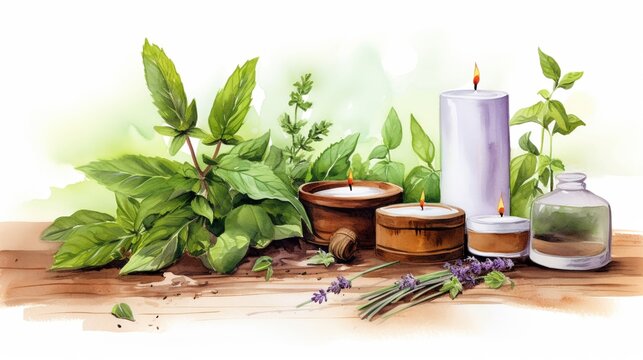 A watercolor of Herbs for yoga and meditation 