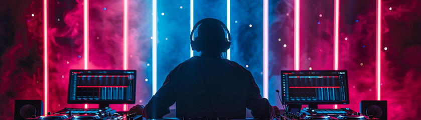Livestream DJ set, neon lights, computer screen front and center, eye-level, dynamic, live music...