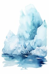 A watercolor of Melting polar ice, featuring icebergs and glaciers in cold, stark watercolor contrasts on white background