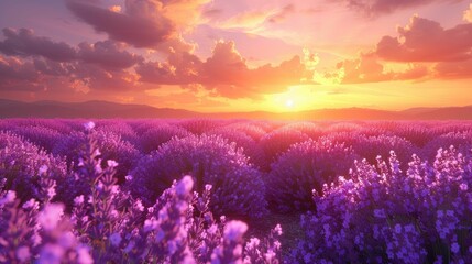 A 3D generated soothing lavender field at sunset, calming and picturesque