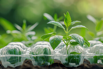 A green plant growing in an abandoned egg carton, representing the concept of environmental conservation.

