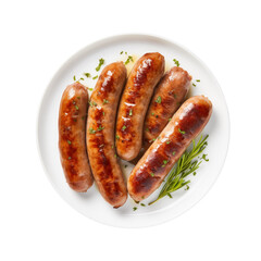 Juicy grilled sausages with grill marks on a plate, sprinkled with fresh herbs, top view. Generative AI
