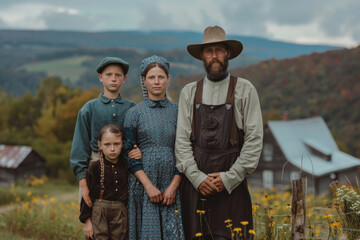 A portrait of the Amish on a mountain peak, with their house and mountain range in the background.


