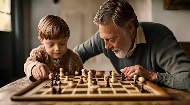 A grandfather who is teaching his grandchild to play chess