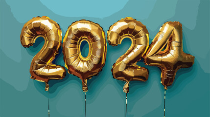 Golden foil balloons number 2024 on blue background.