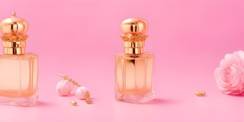 Perfume bottle with pink flower petals on pink background.