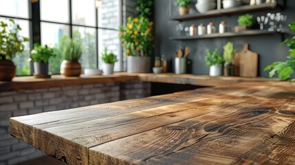 Modern Kitchen Interior with Wooden Table Top Generative AI