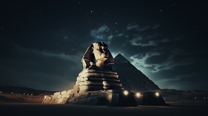 Egyptian pharaoh Sphinx statue in black marble at night in front of Giza pyramids, Old Egyptian Civilization. - Powered by Adobe