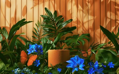 Botanical Beauty: Lush Greens and Electric Blue Blossoms with Striking Orange Wall