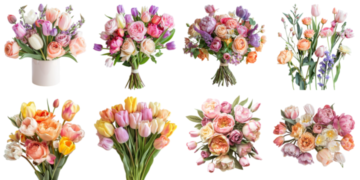 Pastel Rose and tulip png collection 3d transparent for product presentation.