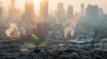 Young plant growing in polluted city, Environmental concept. world environment day